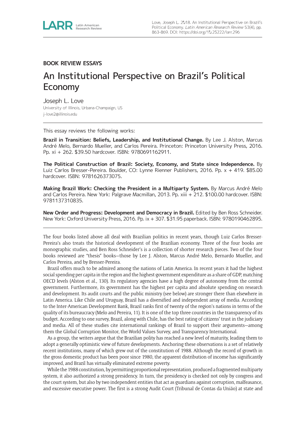 An Institutional Perspective on Brazil's Political Economy