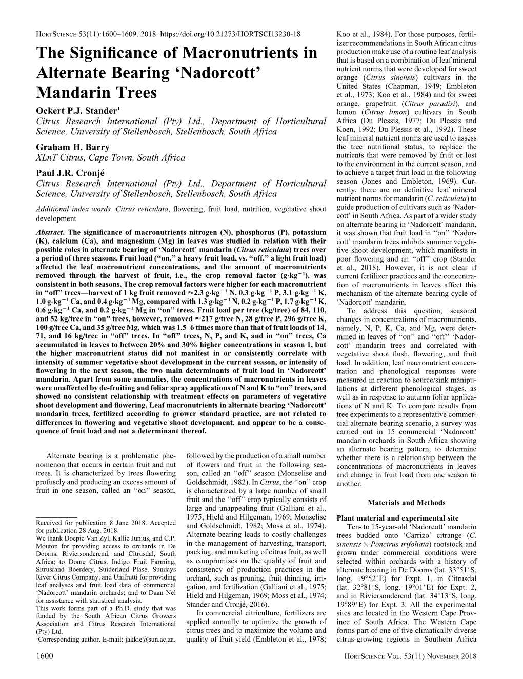 The Significance of Macronutrients in Alternate Bearing 'Nadorcott'