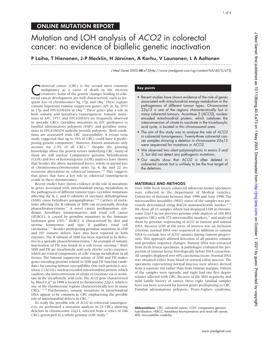 Mutation and LOH Analysis of ACO2 in Colorectal Cancer: No Evidence Of