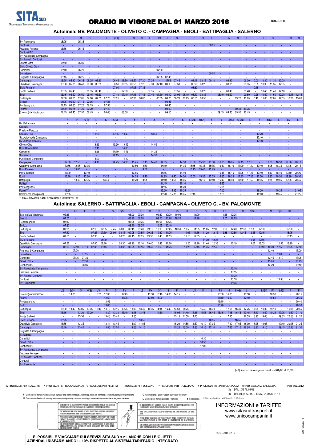 ORARIO in VIGORE DAL 01 MARZO 2016 QUADRO III Autolinea: BV