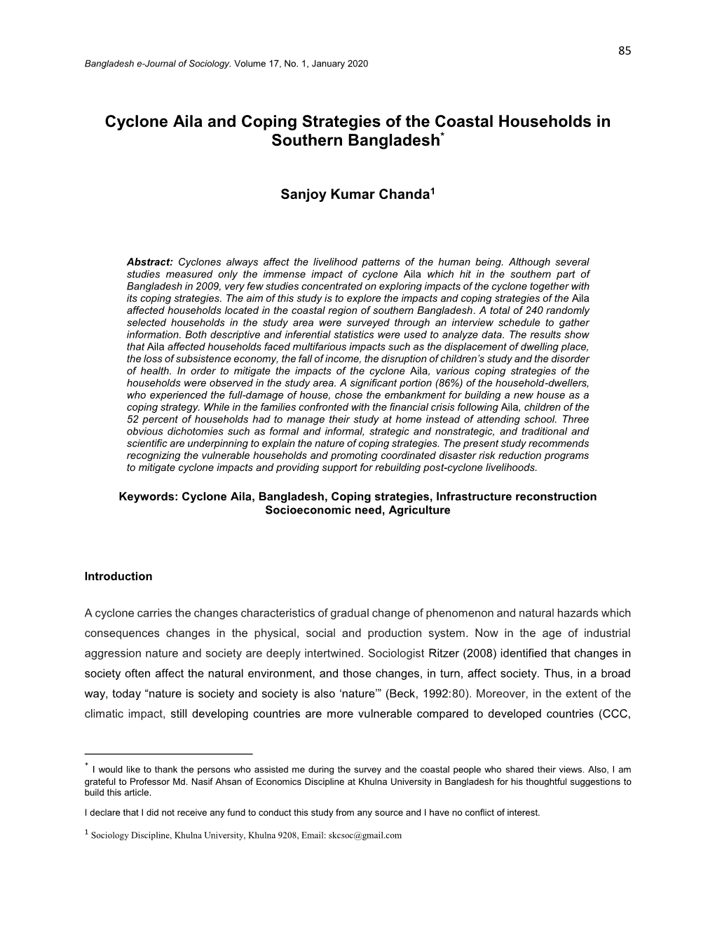 Cyclone Aila and Coping Strategies of the Coastal Households in Southern Bangladesh*