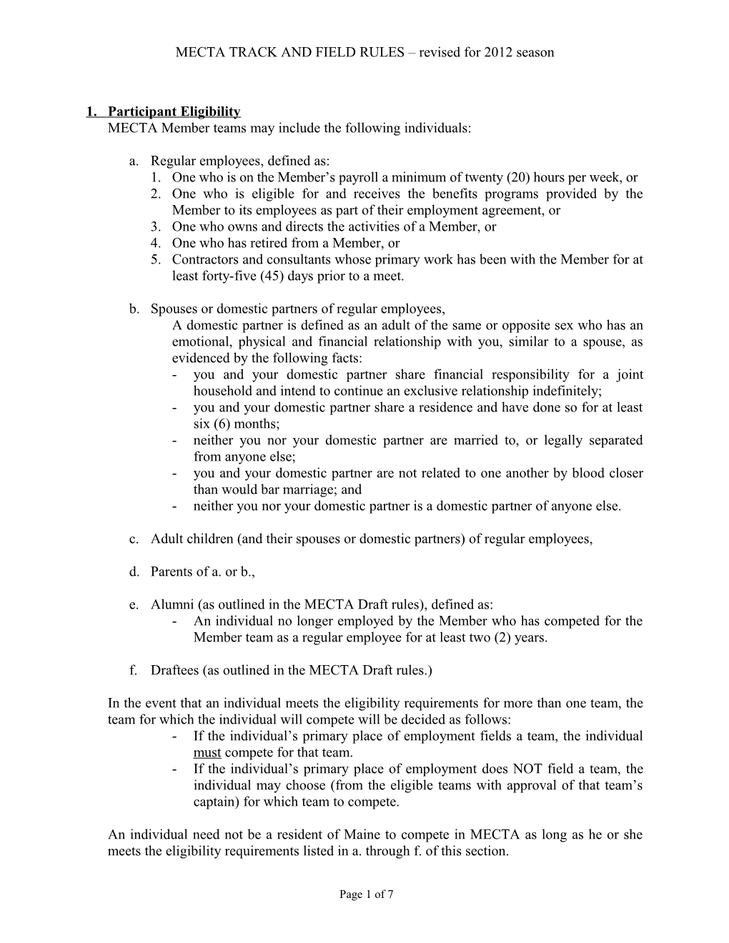 MECTA TRACK and FIELD RULES Proposed Revisions October 2006