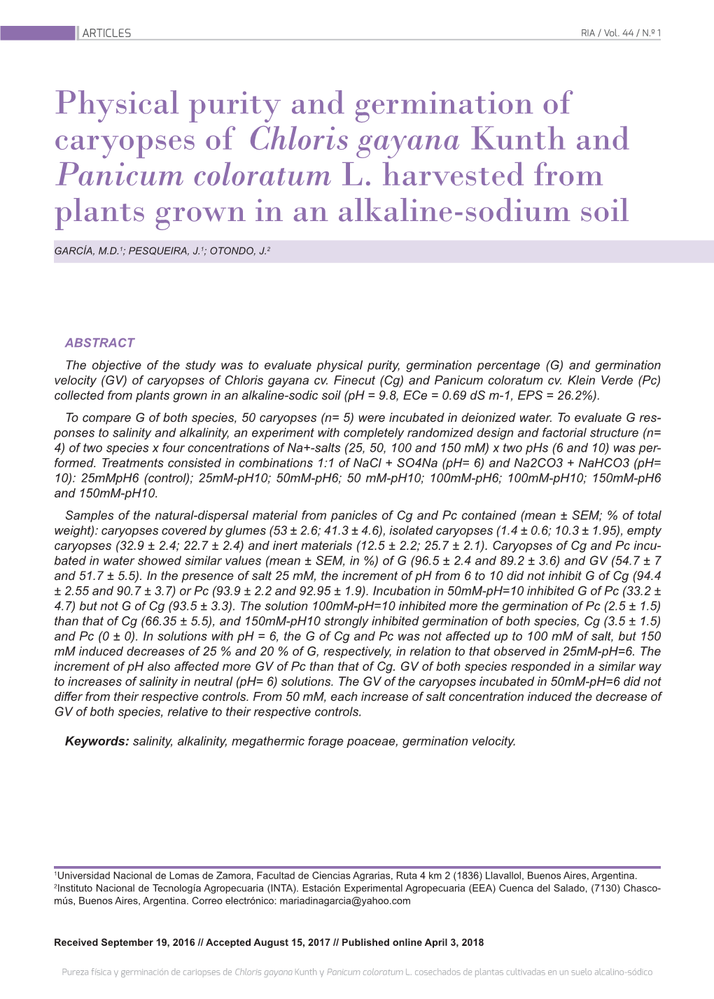 Physical Purity and Germination of Caryopses of Chloris Gayana Kunth and Panicum Coloratum L