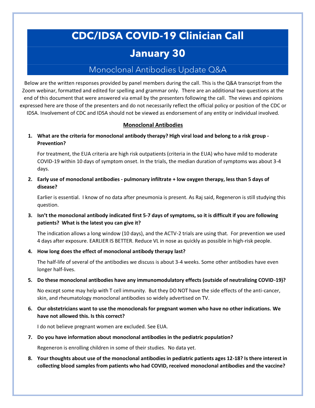 CDC/IDSA COVID-19 Clinician Call January 30 Monoclonal Antibodies Update Q&A