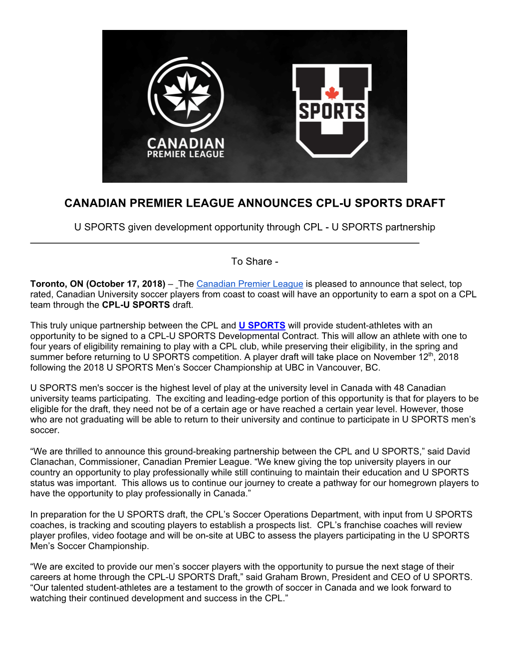 Canadian Premier League Announces Cpl-U Sports Draft