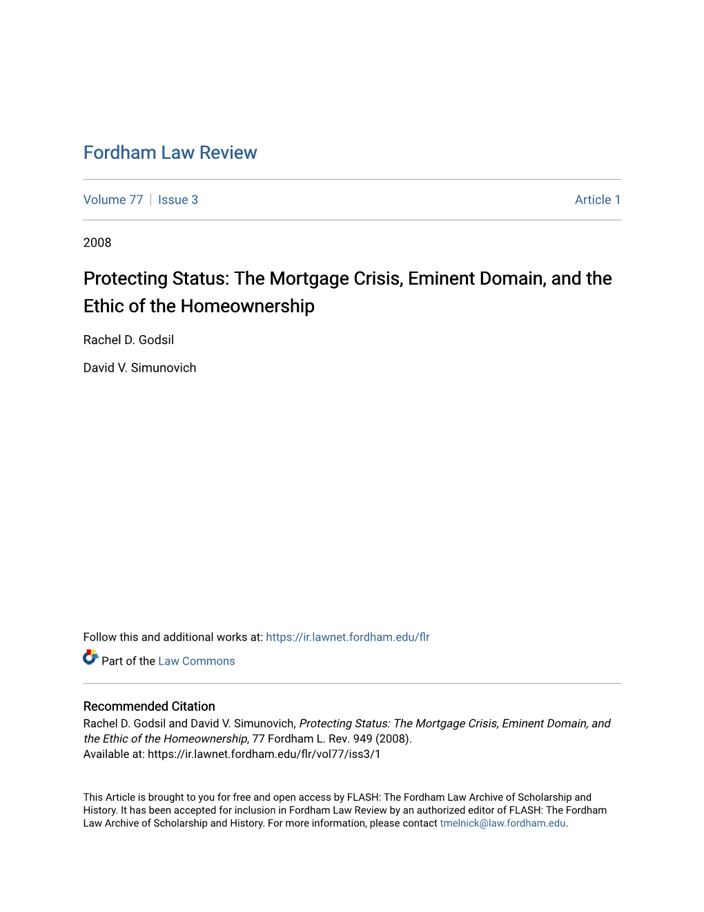 Protecting Status: the Mortgage Crisis, Eminent Domain, and the Ethic of the Homeownership