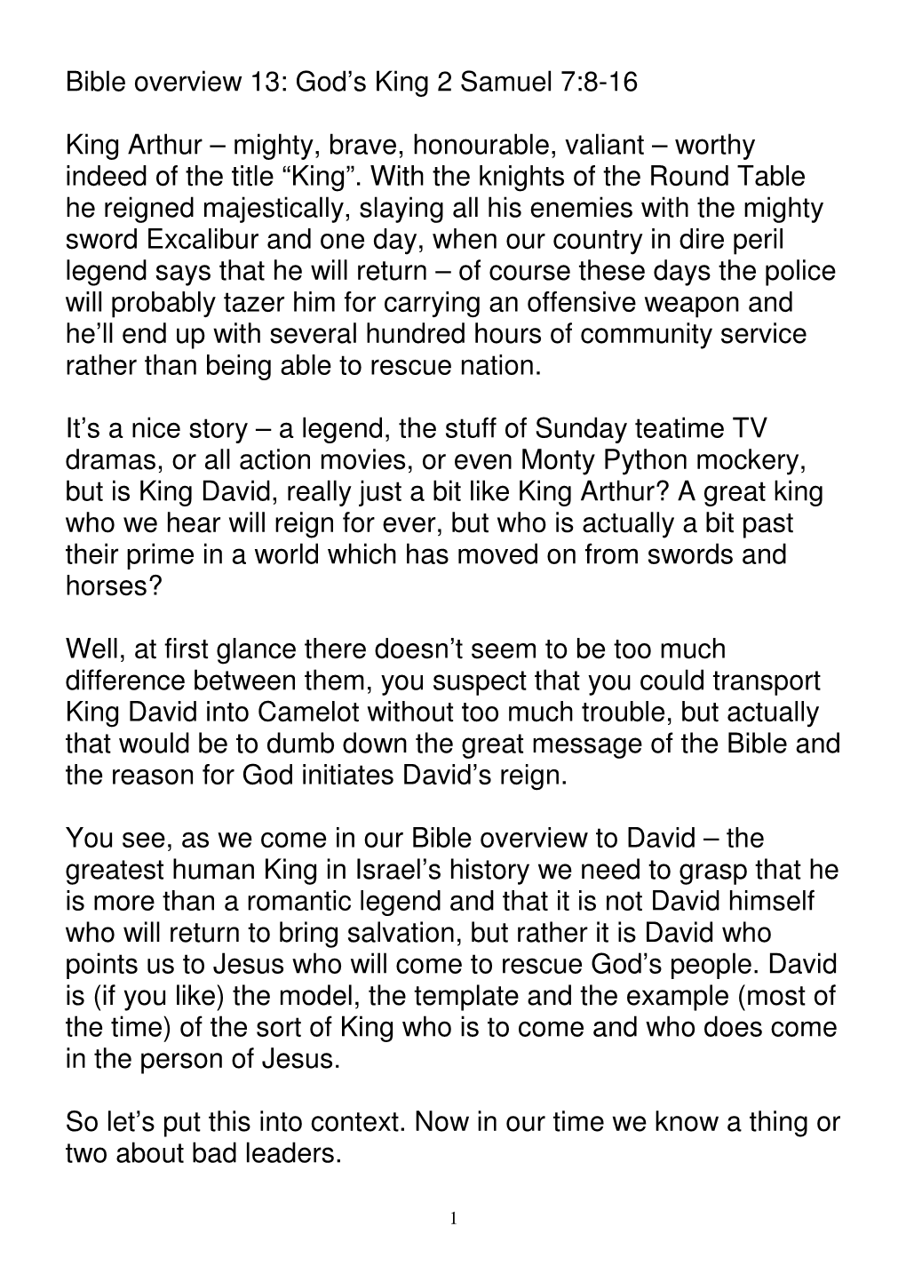 Bible Overview 13: God's King 2 Samuel 7:8-16 King Arthur
