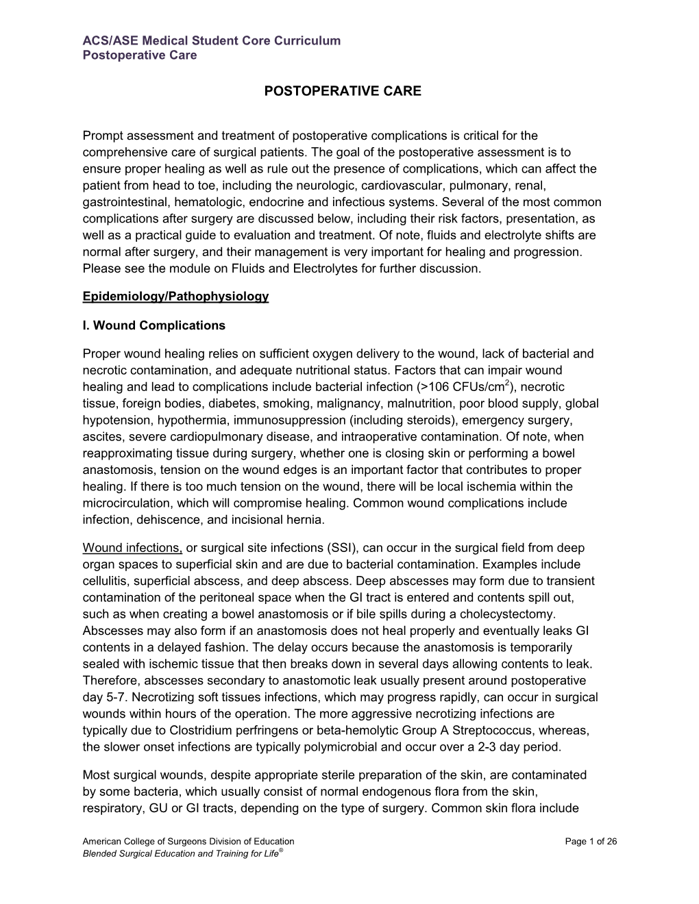 ACS/ASE Medical Student Core Curriculum Postoperative Care