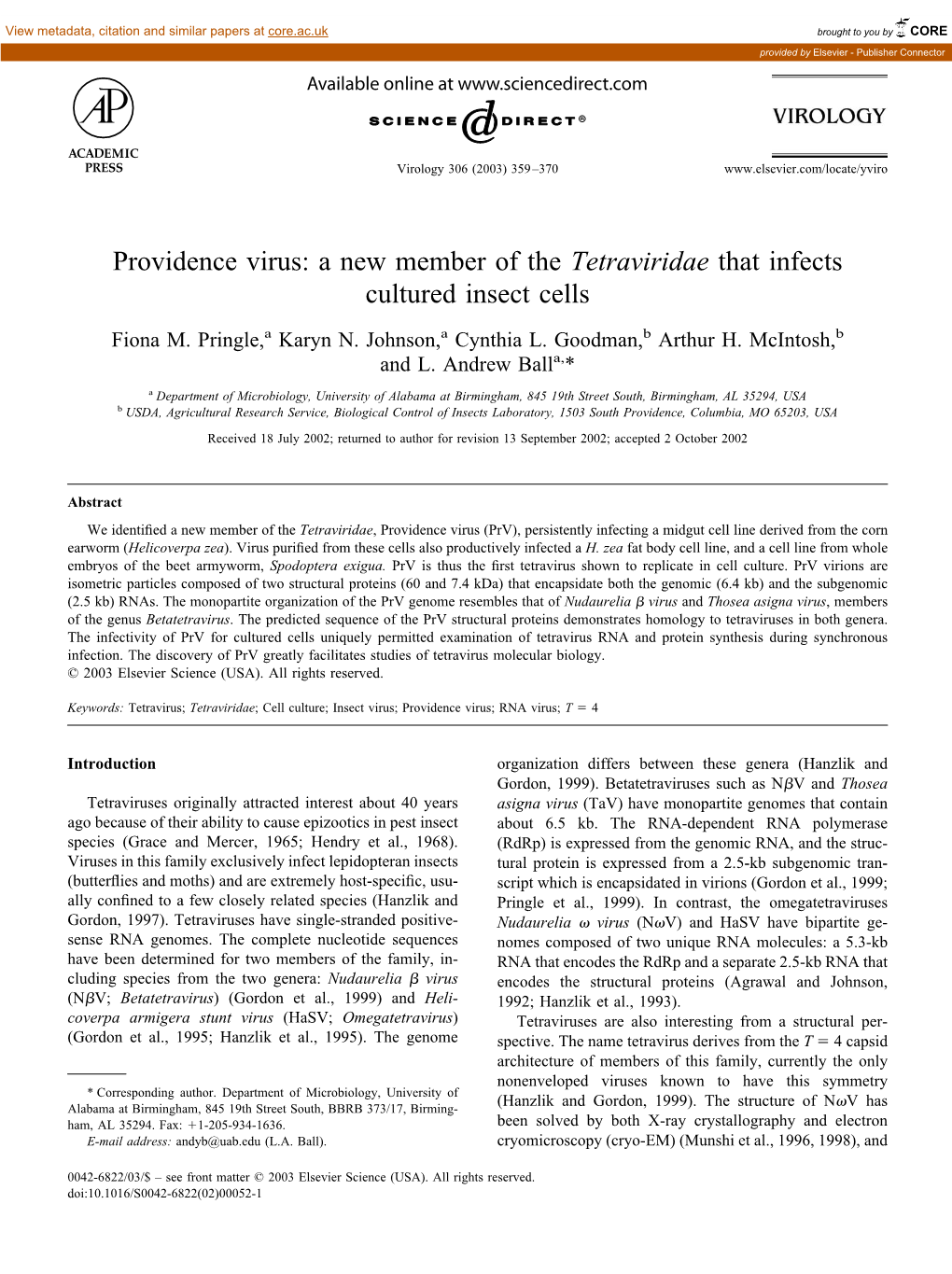 A New Member of the Tetraviridae That Infects Cultured Insect Cells