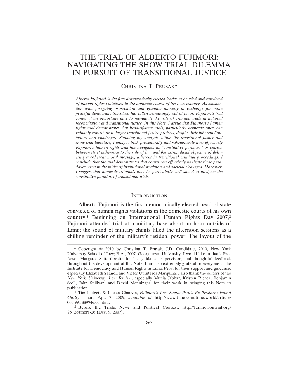 The Trial of Alberto Fujimori: Navigating the Show Trial Dilemma in Pursuit of Transitional Justice