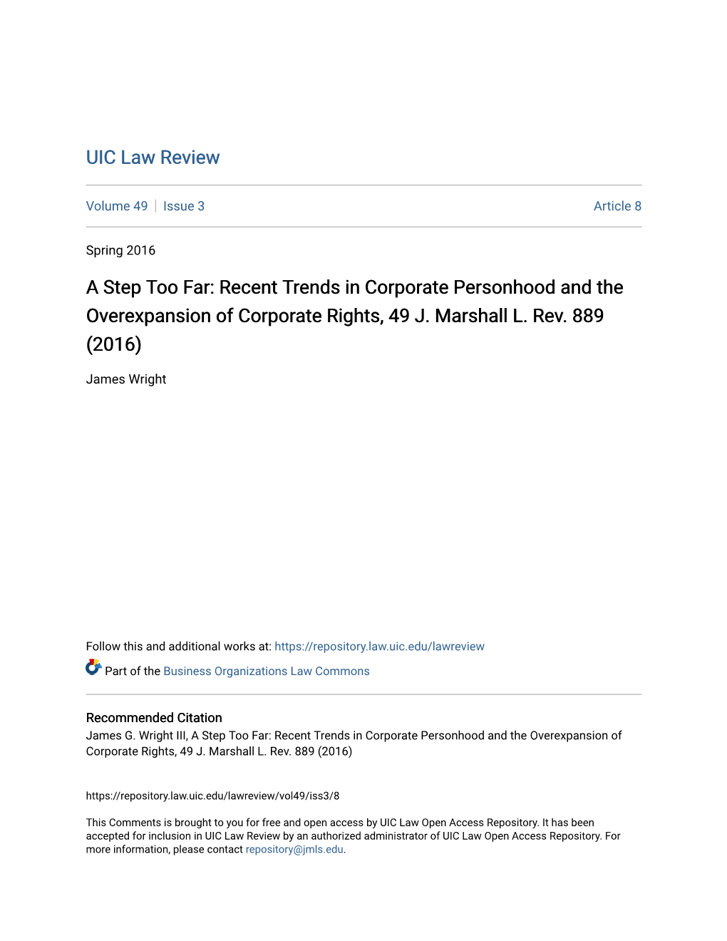 A Step Too Far: Recent Trends in Corporate Personhood and the Overexpansion of Corporate Rights, 49 J