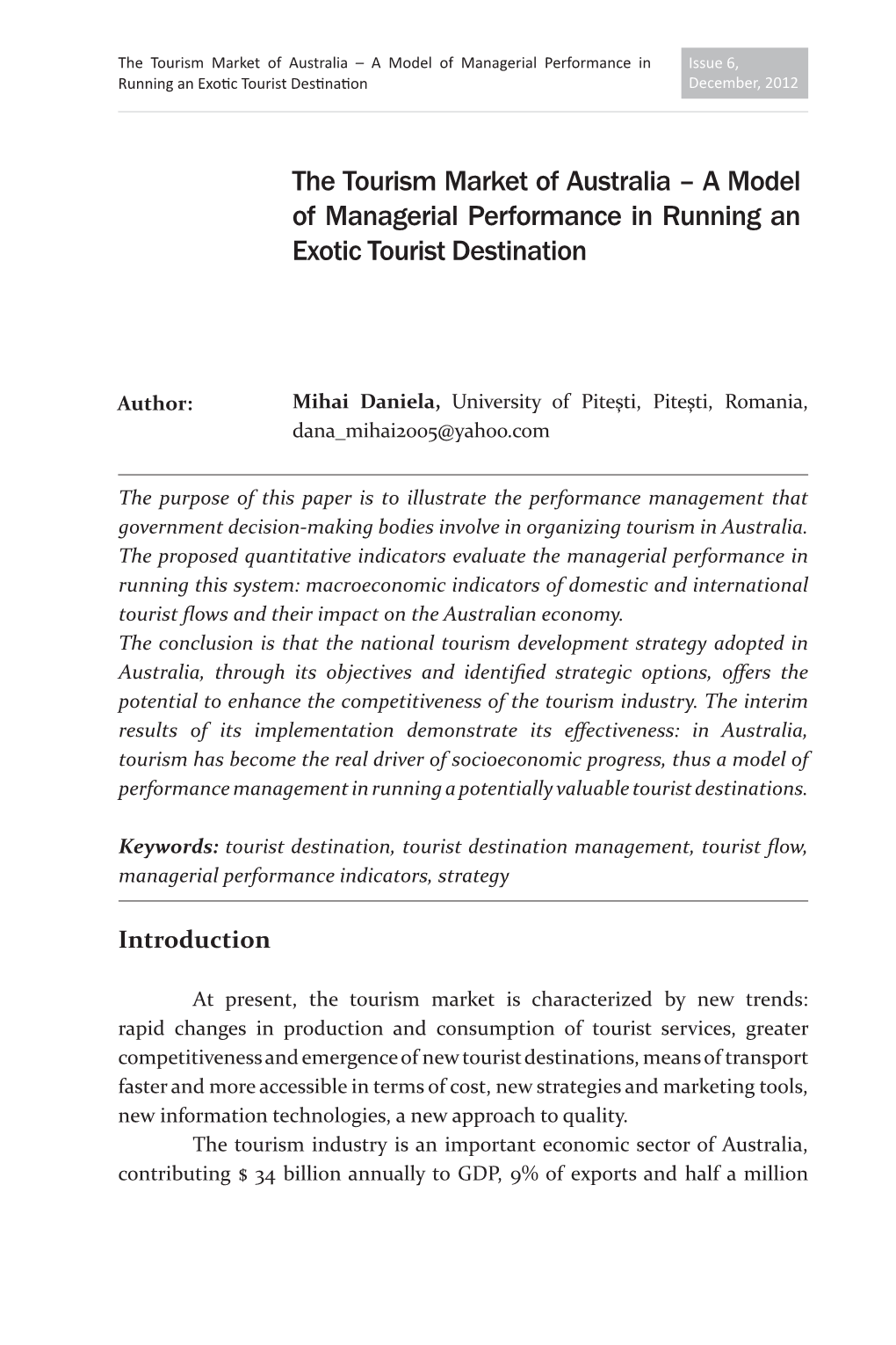 The Tourism Market of Australia – a Model of Managerial Performance in Issue 6, Running an Exotic Tourist Destination December, 2012