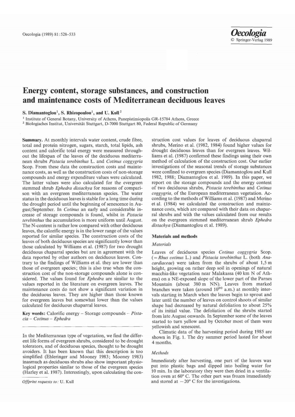 Energy Content, Storage Substances, and Construction and Maintenance Costs of Mediterranean Deciduous Leaves