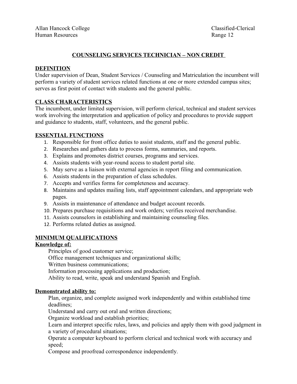 Allan Hancock College Classified-Clerical