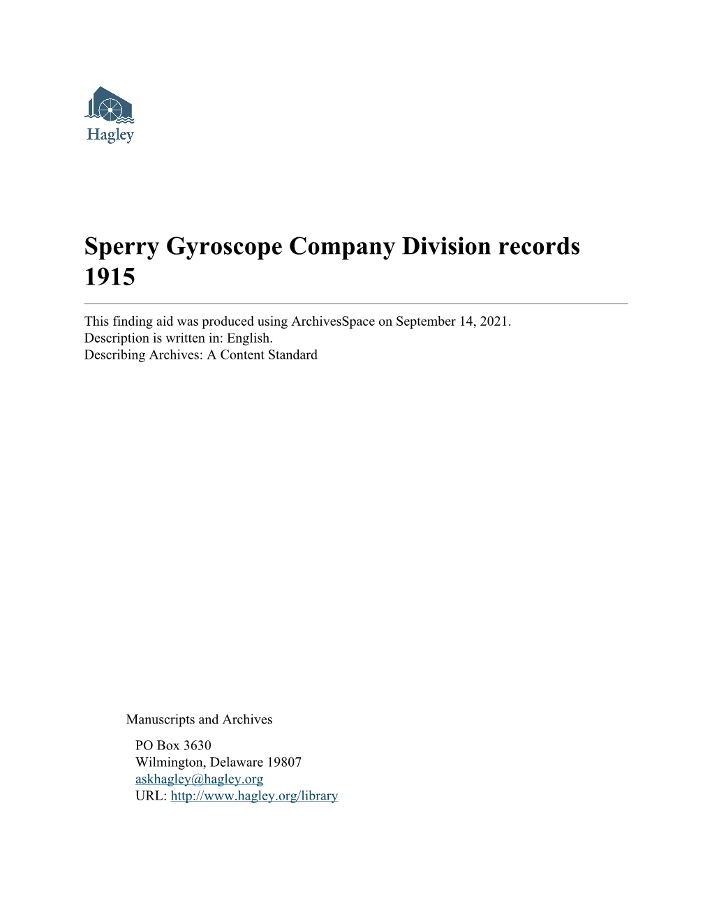 Sperry Gyroscope Company Division Records 1915