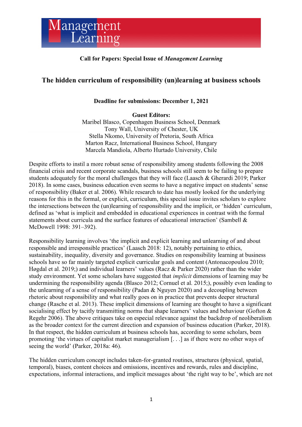 The Hidden Curriculum of Responsibility (Un)Learning at Business Schools