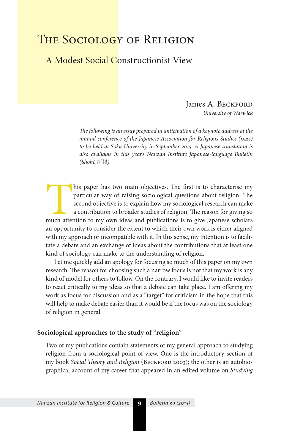 The Sociology of Religion a Modest Social Constructionist View