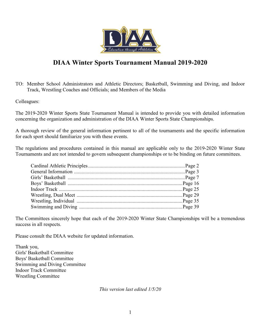 DIAA Winter Sports Tournament Manual 2019-2020