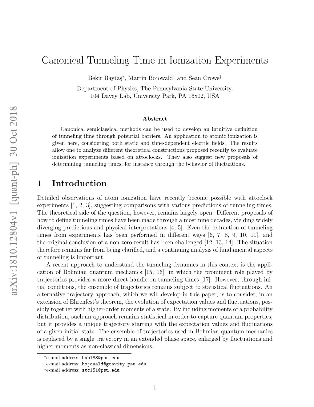 Canonical Tunneling Time in Ionization Experiments Arxiv
