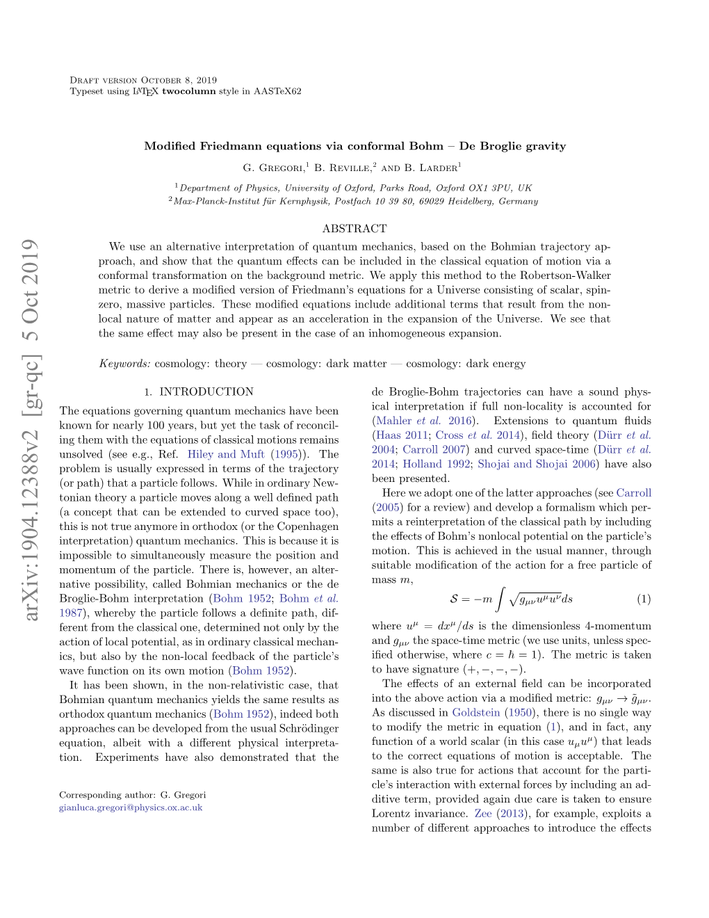 Arxiv:1904.12388V2 [Gr-Qc] 5 Oct 2019 Gianluca.Gregori@Physics.Ox.Ac.Uk Orsodn Uhr .Gregori G