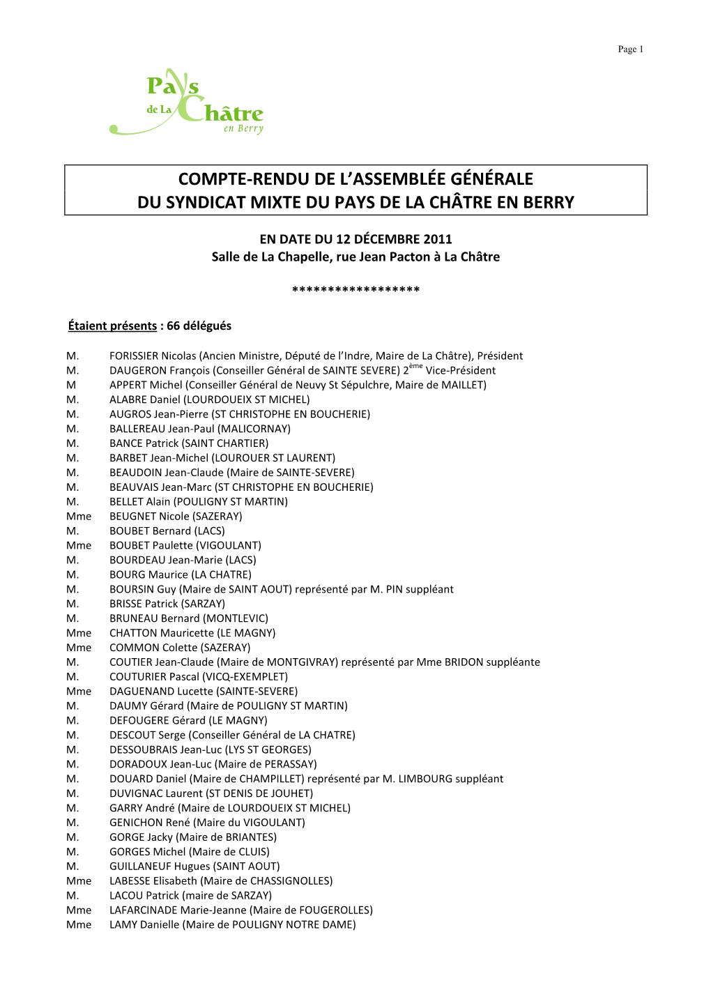 Compte Rendu Du Comité Syndical Du 12 Décembre 2011