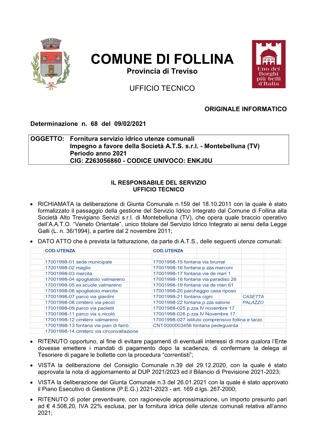 COMUNE DI FOLLINA Provincia Di Treviso