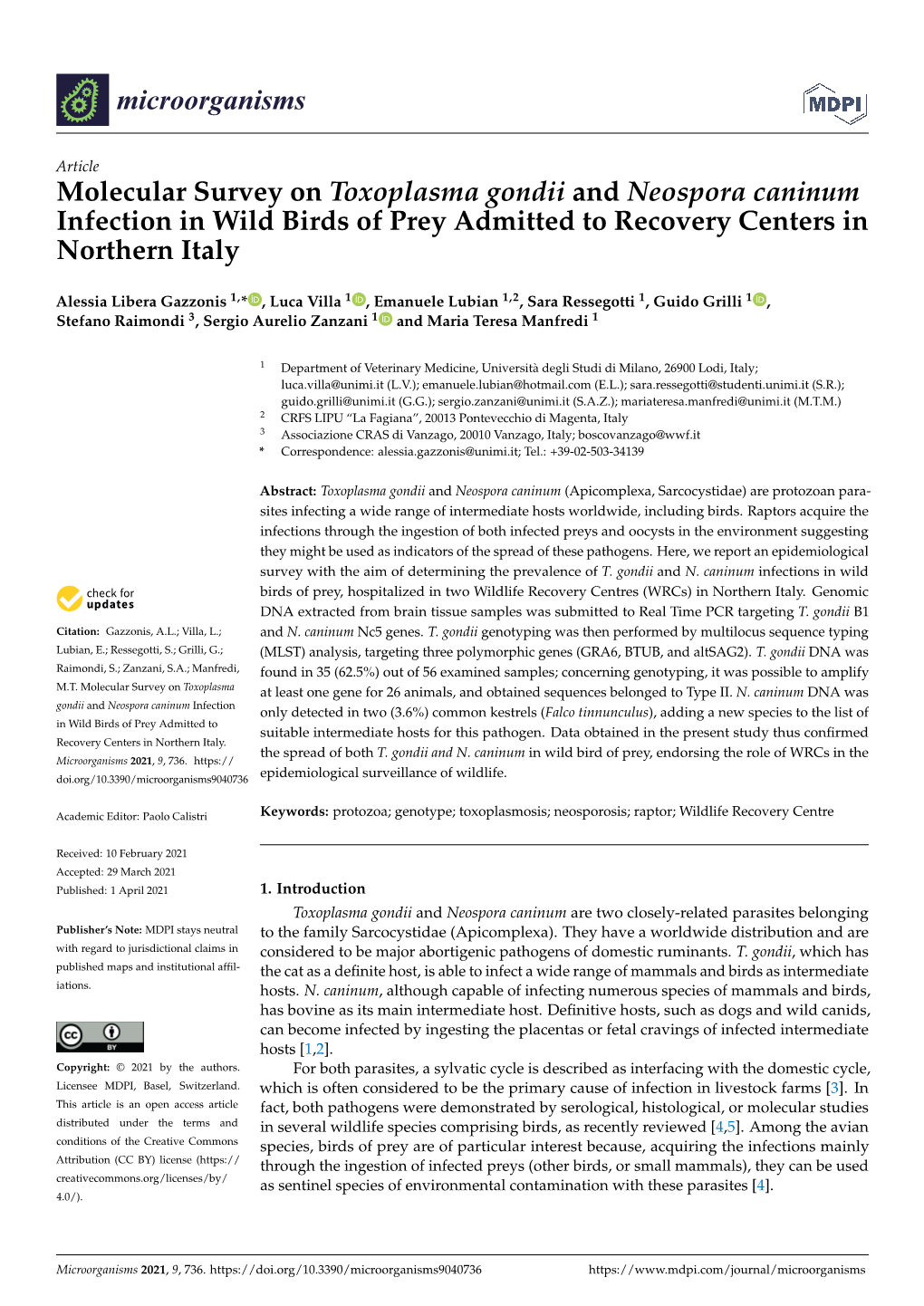 Molecular Survey on Toxoplasma Gondii and Neospora Caninum Infection in Wild Birds of Prey Admitted to Recovery Centers in Northern Italy