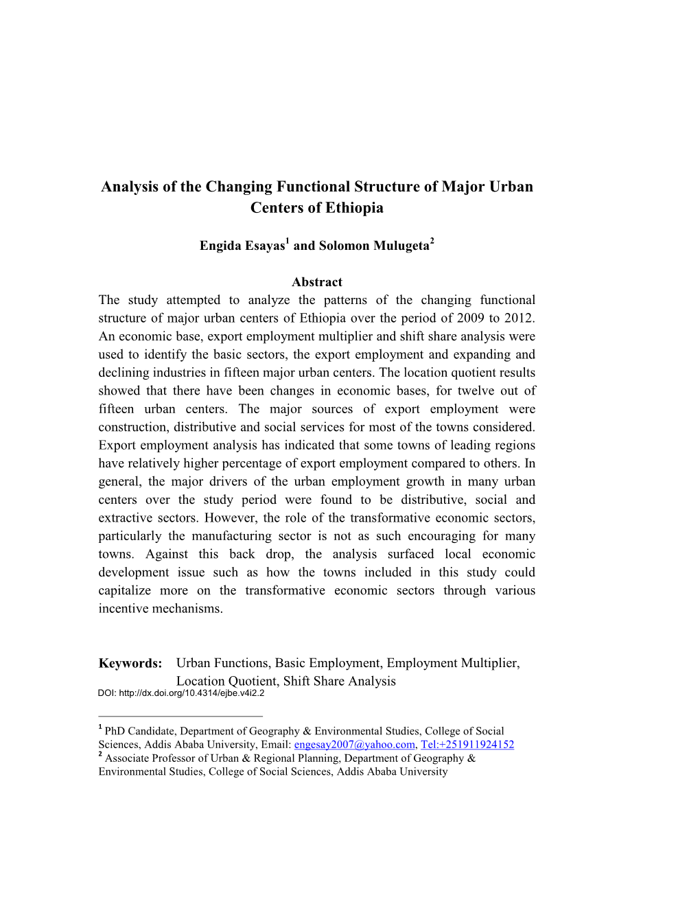 Analysis of the Changing Functional Structure of Major Urban Centers of Ethiopia