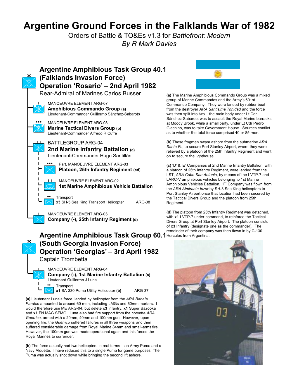 Argentine Ground Forces in the Falklands War of 1982 Orders of Battle & TO&Es V1.3 for Battlefront: Modern by R Mark Davies