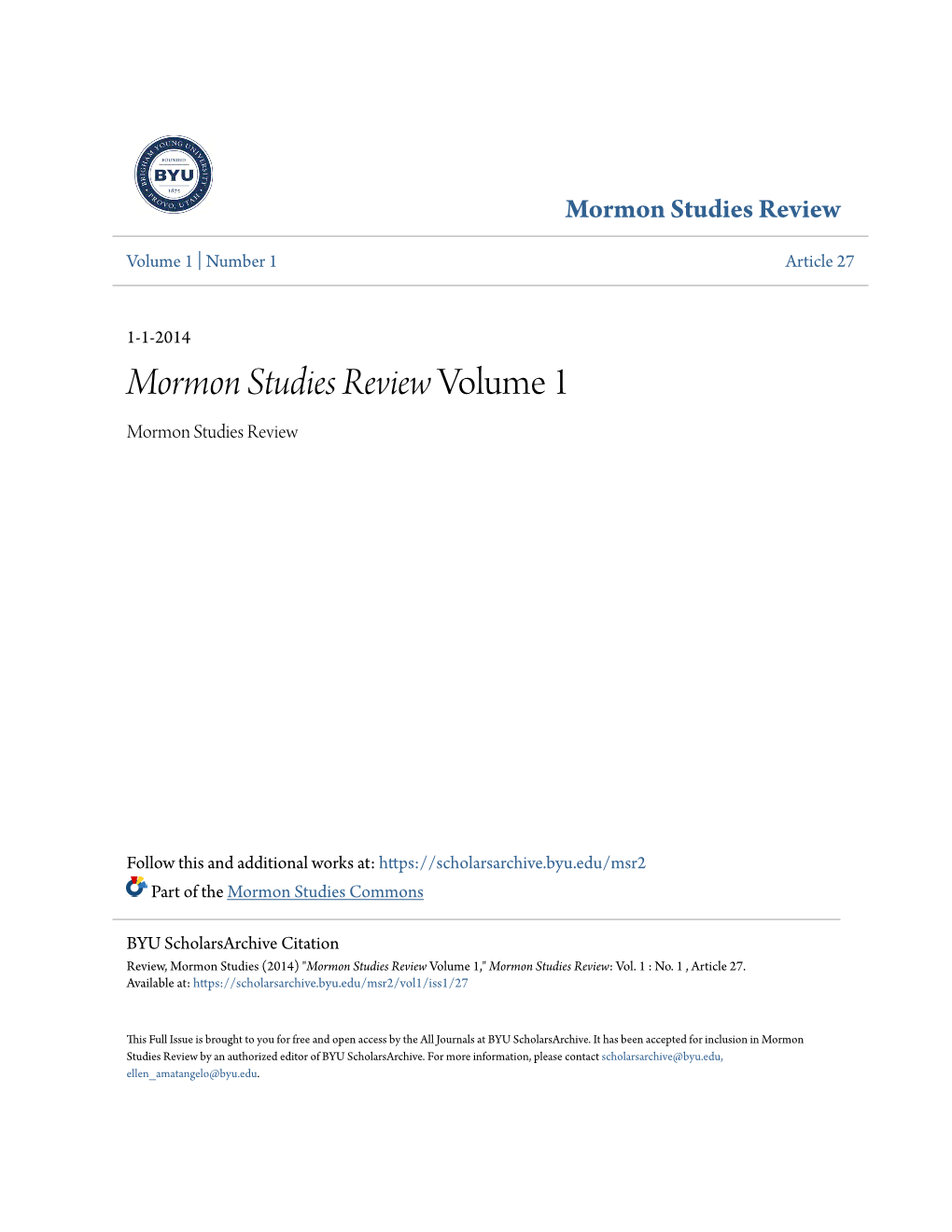 Mormon Studies Review Volume 1 Mormon Studies Review