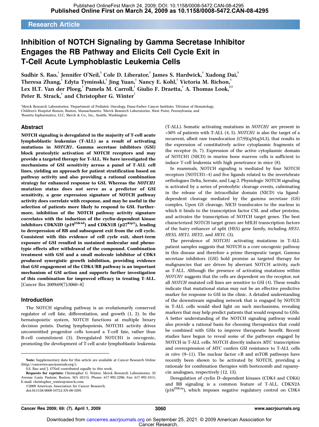 Inhibition of NOTCH Signaling by Gamma Secretase Inhibitor Engages the RB Pathway and Elicits Cell Cycle Exit in T-Cell Acute Lymphoblastic Leukemia Cells