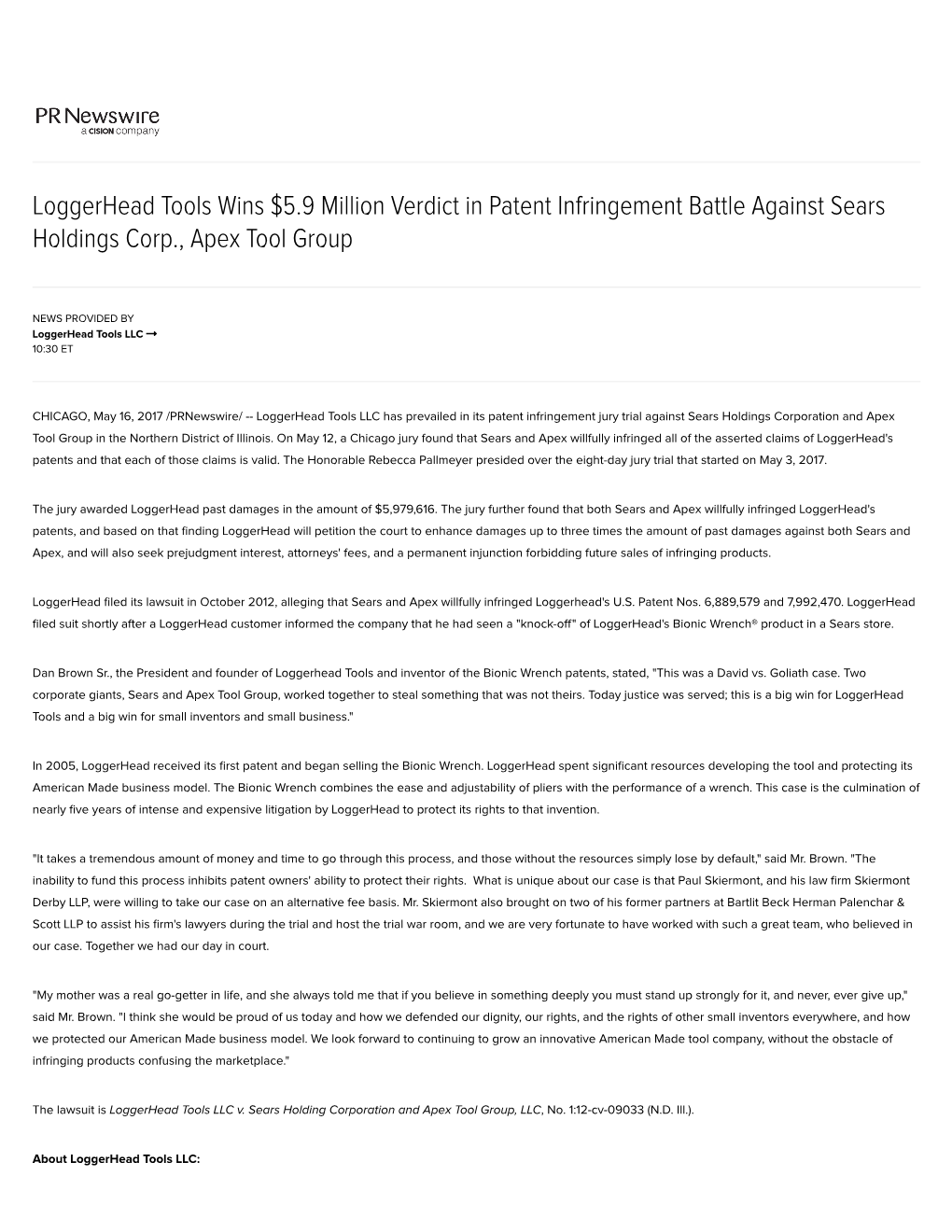 Loggerhead Tools Wins $5.9 Million Verdict in Patent Infringement Battle Against Sears Holdings Corp., Apex Tool Group