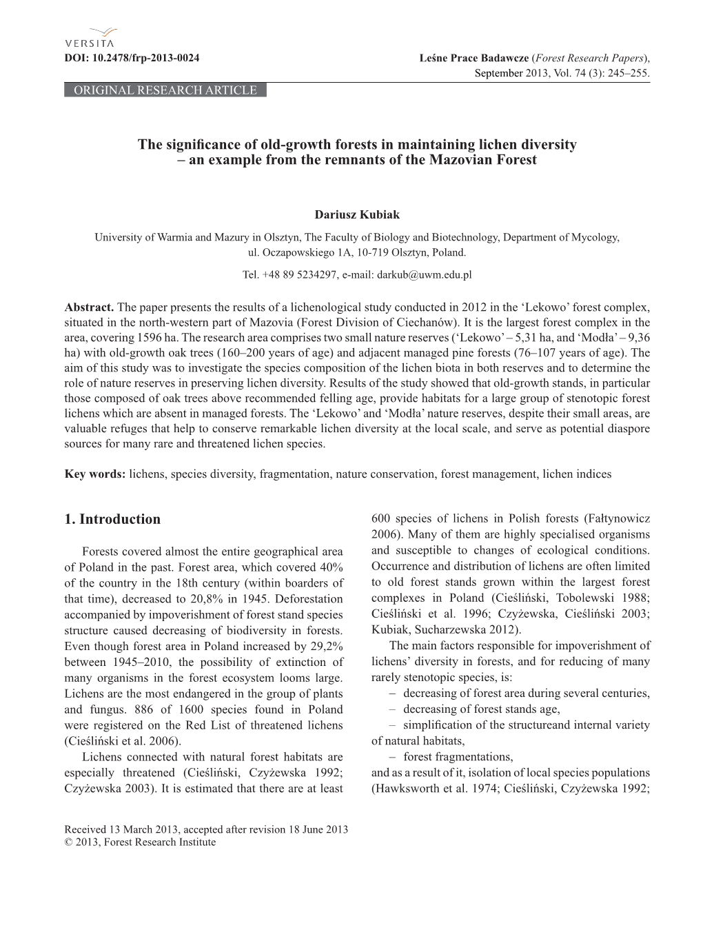 The Significance of Old-Growth Forests in Maintaining Lichen Diversity – an Example from the Remnants of the Mazovian Forest