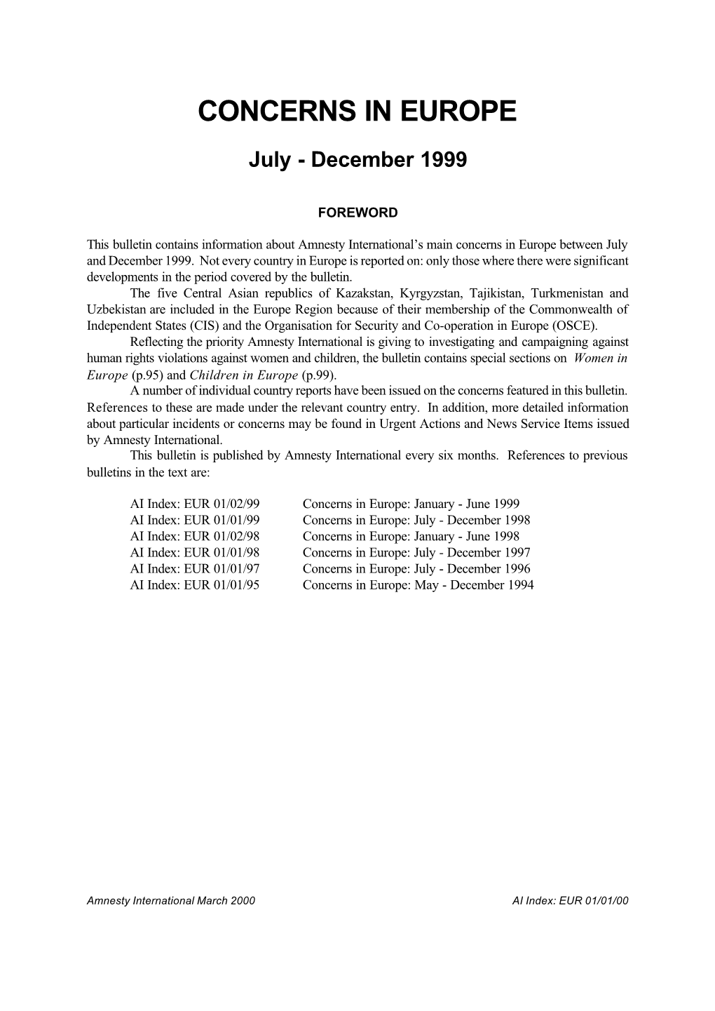 EUR 01/01/00 Concerns in Europe July-December 1999
