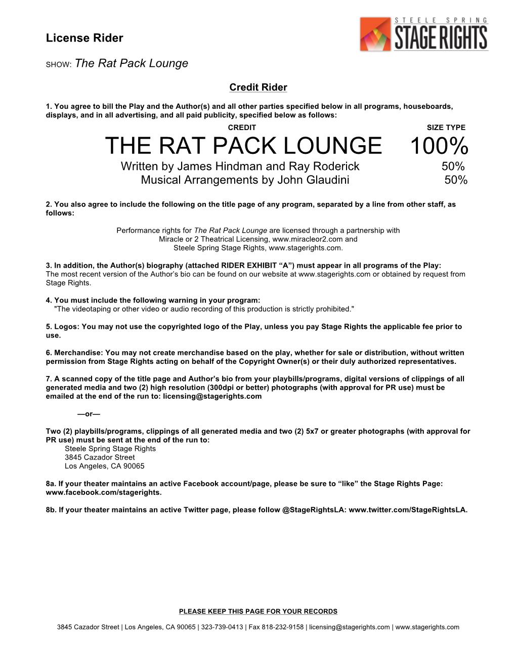 THE RAT PACK LOUNGE 100% Written by James Hindman and Ray Roderick 50% Musical Arrangements by John Glaudini 50%