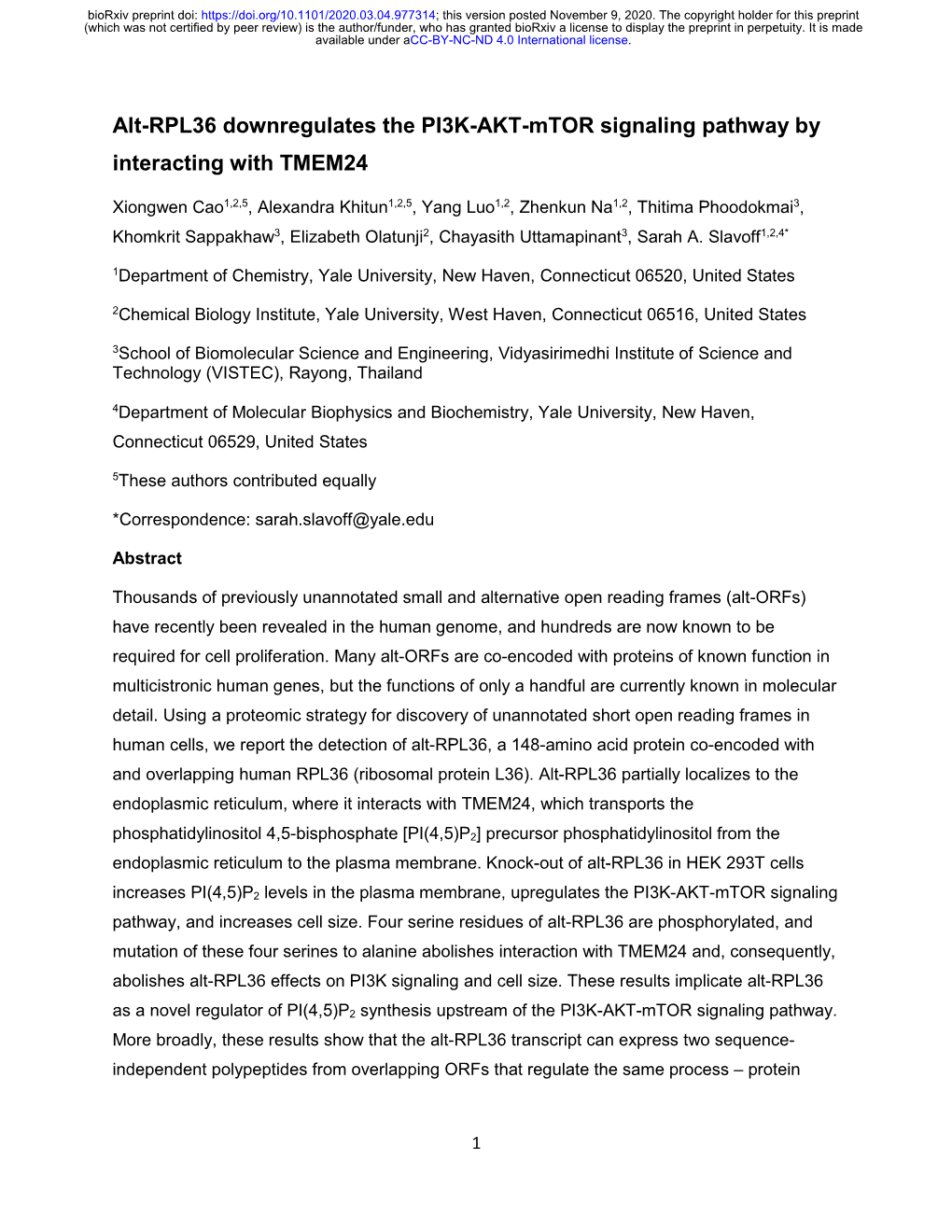 Alt-RPL36 Downregulates the PI3K-AKT-Mtor Signaling Pathway by Interacting with TMEM24