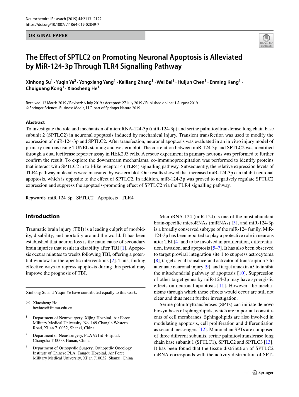 The Effect of SPTLC2 on Promoting Neuronal Apoptosis Is Alleviated By