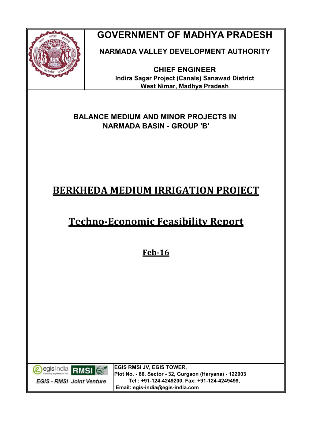 BERKHEDA MEDIUM IRRIGATION PROJECT Techno-Economic Feasibility Report