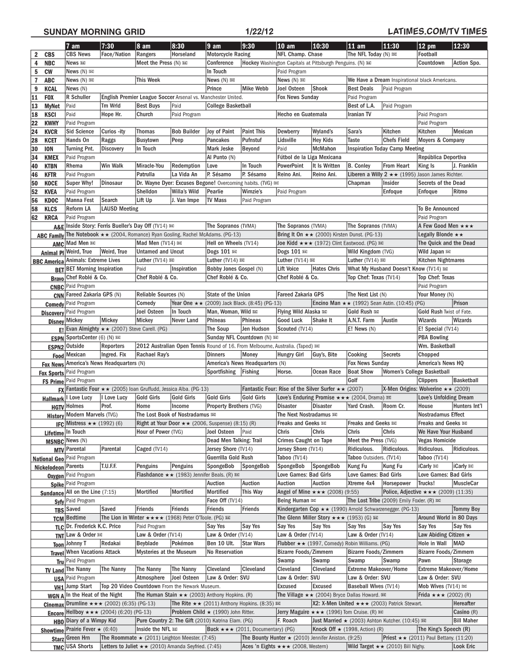 Sunday Morning Grid 1/22/12 Latimes.Com/Tv Times