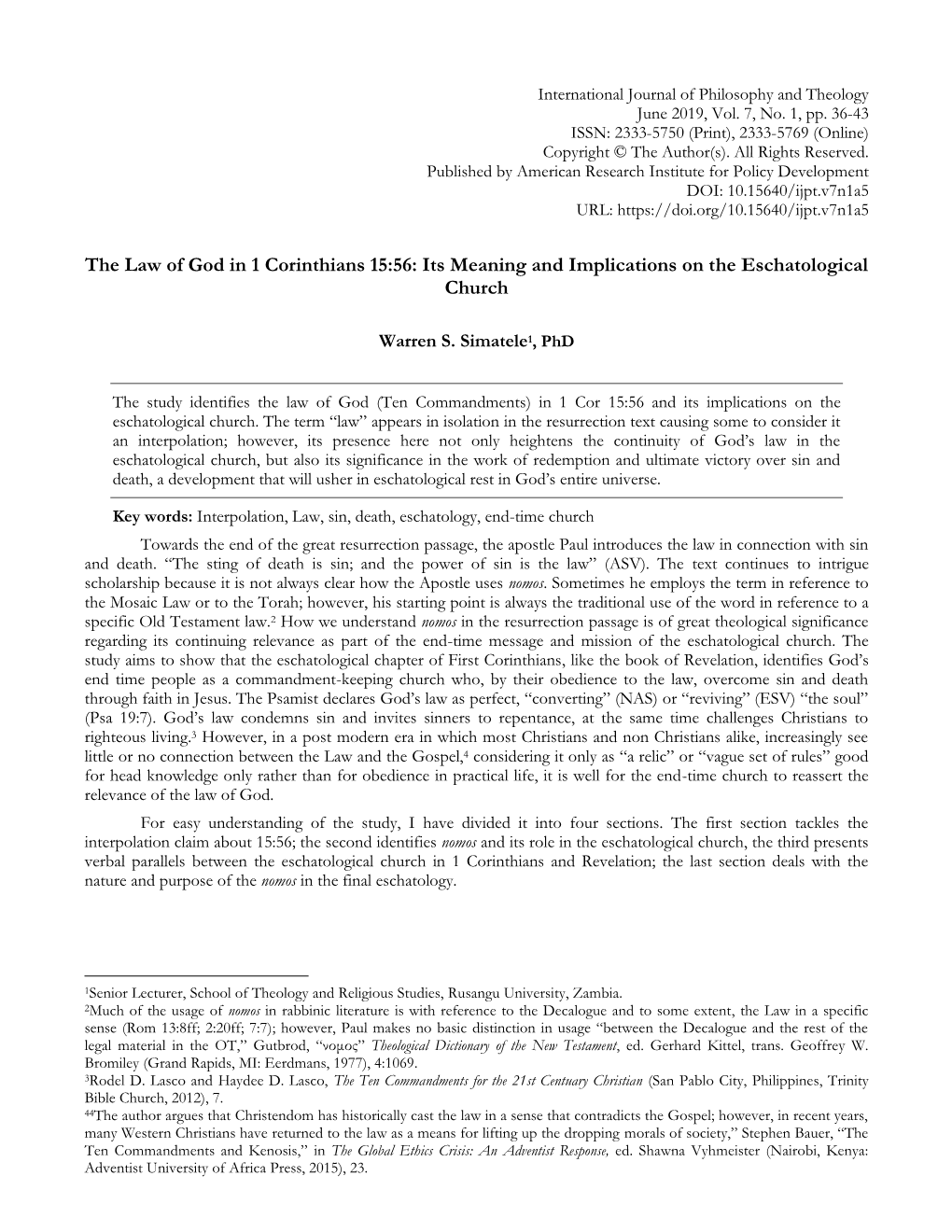 The Law of God in 1 Corinthians 15:56: Its Meaning and Implications on the Eschatological Church