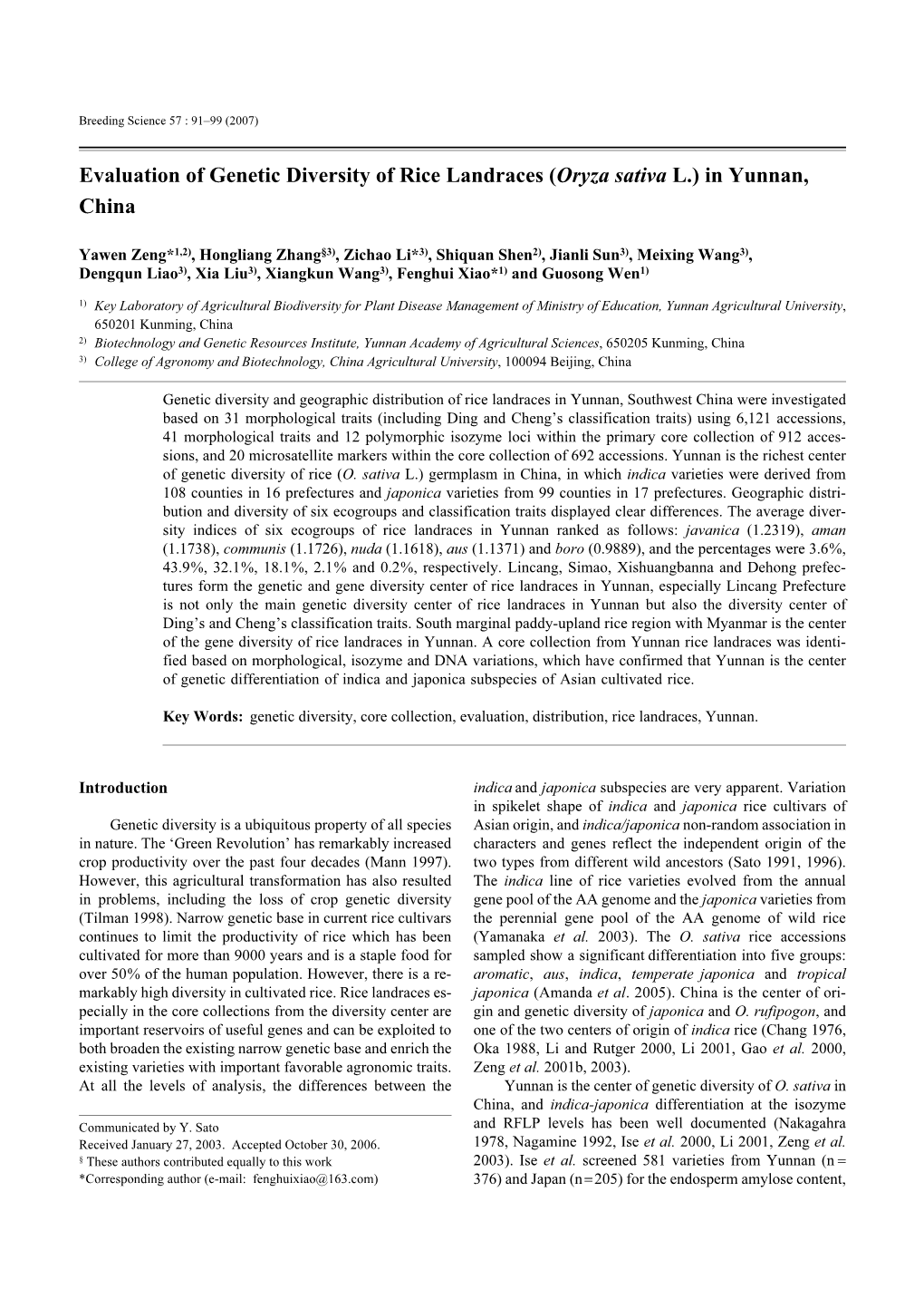 Evaluation of Genetic Diversity of Rice Landraces (Oryza Sativa L.) in Yunnan, China