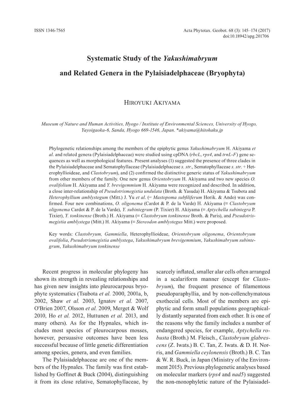 Systematic Study of the Yakushimabryum and Related Genera in the Pylaisiadelphaceae (Bryophyta)