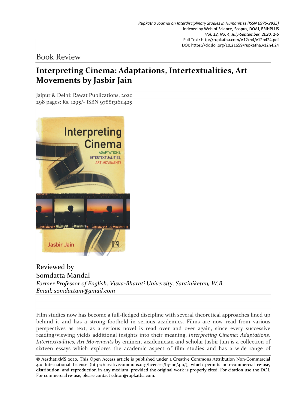 Book Review Interpreting Cinema: Adaptations, Intertextualities, Art Movements by Jasbir Jain