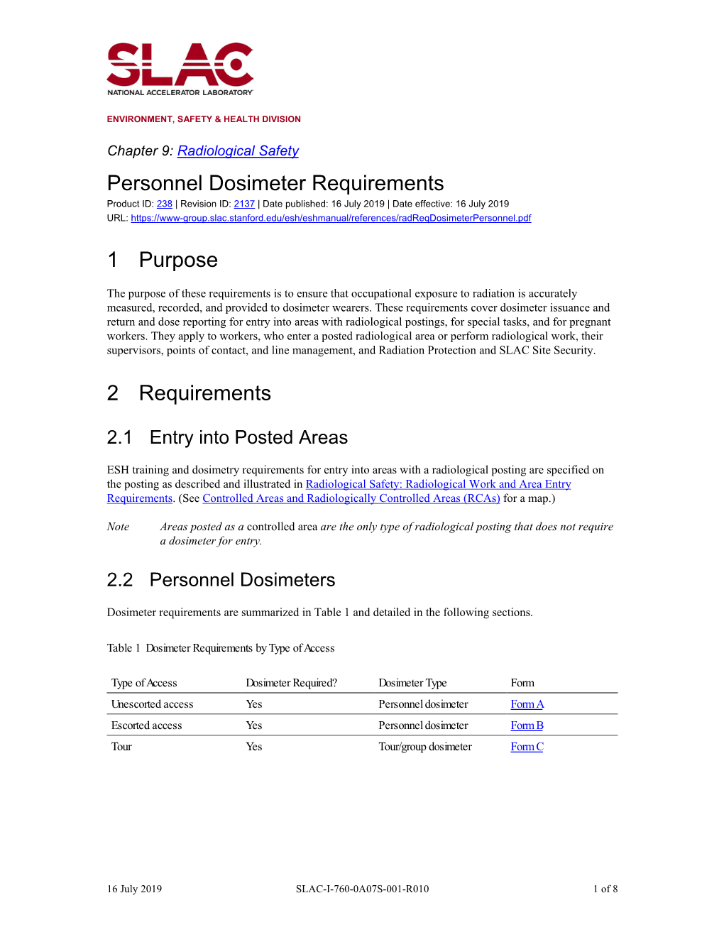 Radiological Safety: Personnel Dosimeter Requirements