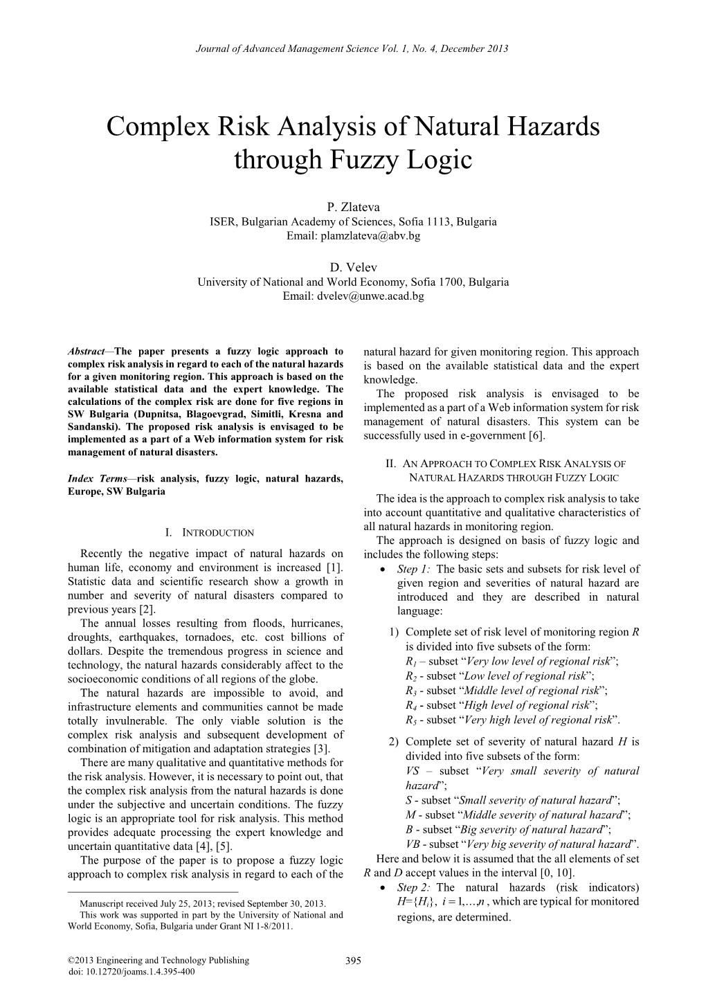 Complex Risk Analysis of Natural Hazards Through Fuzzy Logic