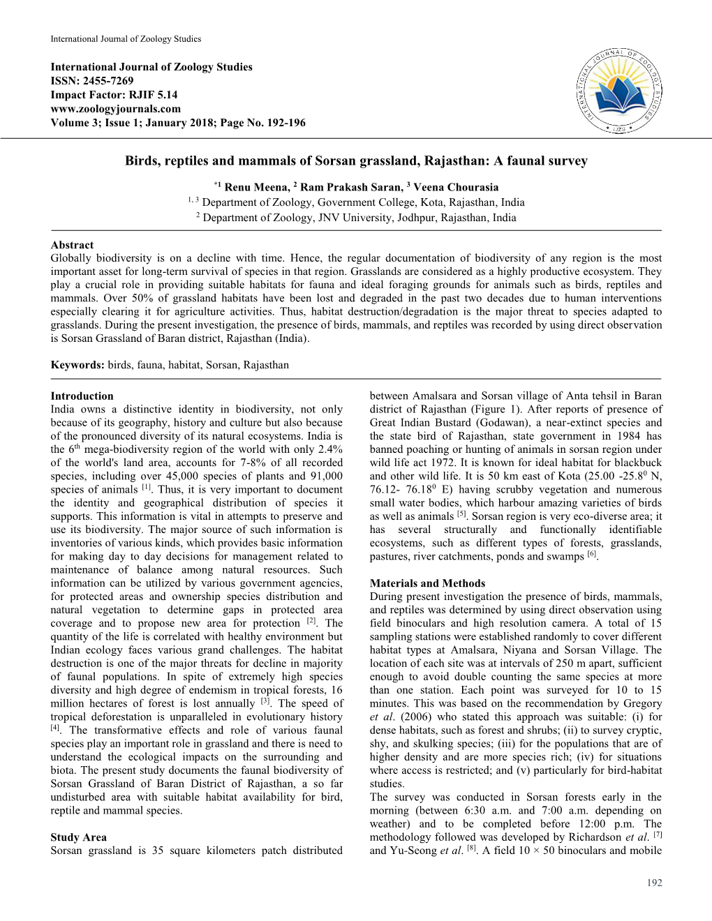 Birds, Reptiles and Mammals of Sorsan Grassland, Rajasthan: a Faunal Survey