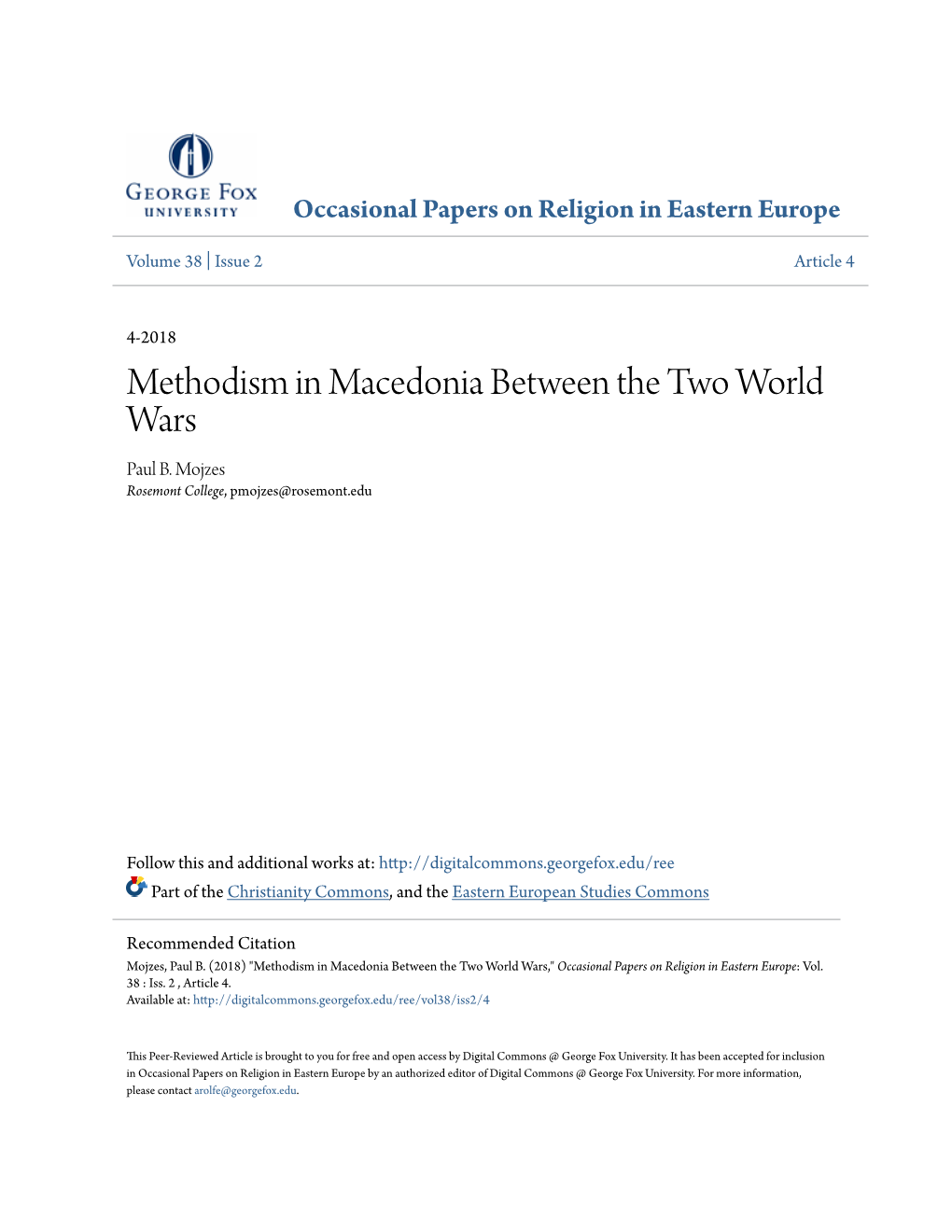 Methodism in Macedonia Between the Two World Wars Paul B