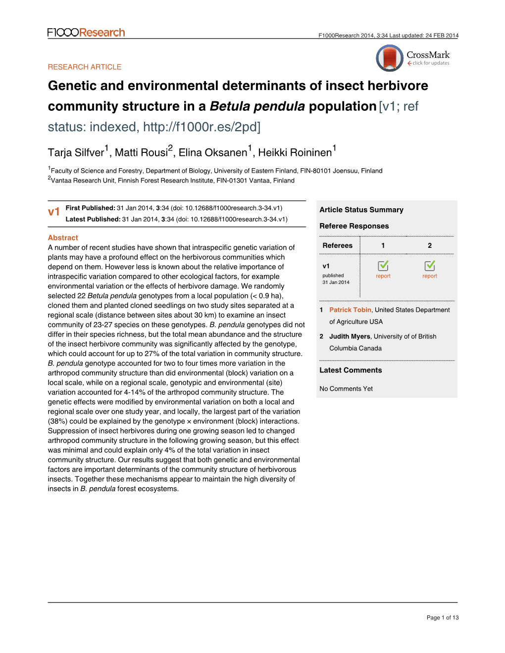 Genetic and Environmental Determinants of Insect Herbivore Community Structure in a Population Betula Pendula