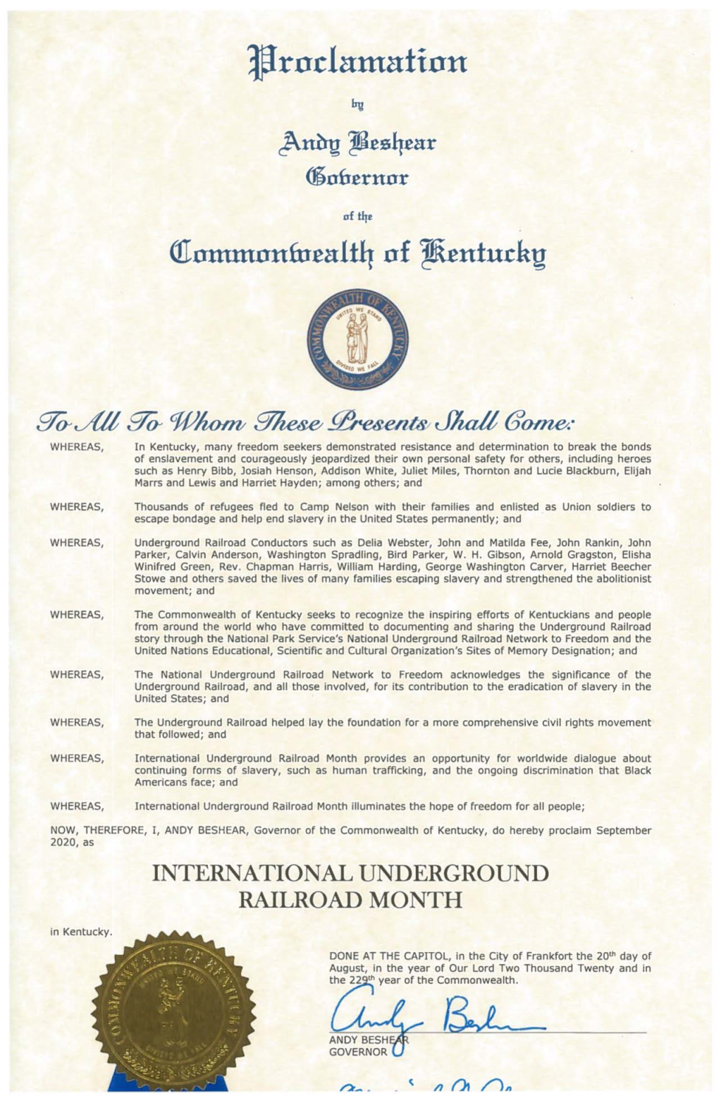 Proclamation by Andy Beshear Governor of the Commonwealth of Kentucky