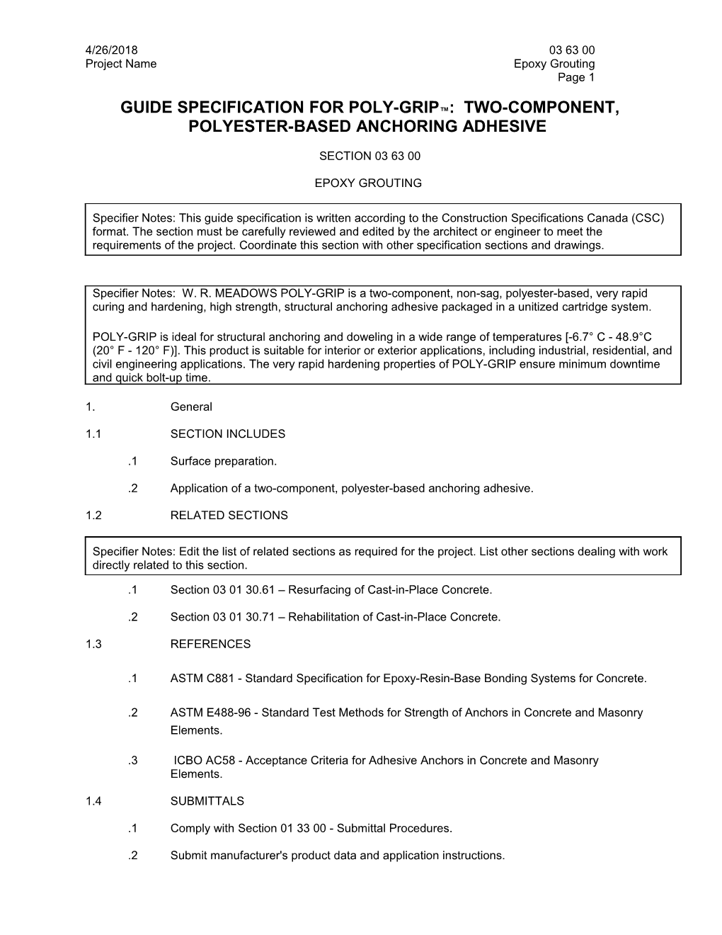 Guide Specification for Poly-Grip : Two-Component, Polyester-Based Anchoring Adhesive